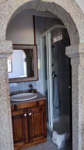 a bathroom with a sink and a shower and a mirror at A Canexa in Aldán
