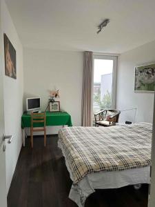 sypialnia z łóżkiem, biurkiem i oknem w obiekcie House Susanne w Kolonii