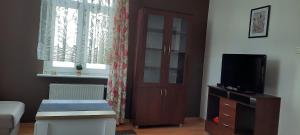 a living room with a door and a television at Kamienica 1910 roku in Morąg