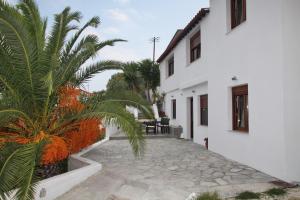 a stone walkway next to a white building at Finikas Apartments in Skopelos Town