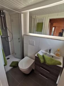 a bathroom with a toilet and a sink and a mirror at Kleine Auszeit in Waren