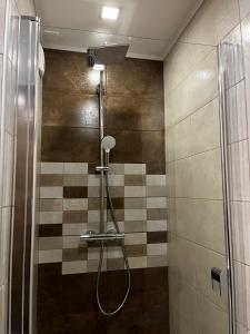 y baño con ducha con cabezal de ducha. en Apartament West Side, en Kiev