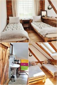 eine Collage mit Fotos eines Schlafzimmers mit Betten und einem Waschbecken in der Unterkunft SARNOGRÓD - Agroturystyka z alpakami in Babięta