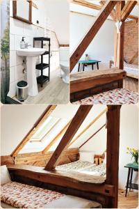 Zimmer mit einem Dachboden mit einem Bett und einem Waschbecken in der Unterkunft SARNOGRÓD - Agroturystyka z alpakami in Babięta