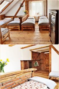 two pictures of a room with beds in it at SARNOGRÓD - Agroturystyka z alpakami in Babięta