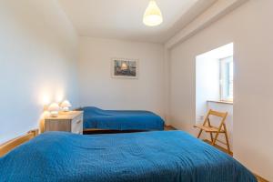 2 letti in una camera con lenzuola blu di Mljet, old stone apartment with pool in nature a Babino Polje