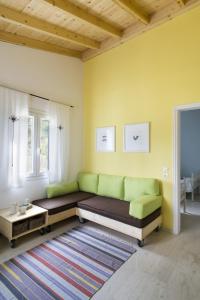 a living room with a green couch and a rug at Handmade house in Acharavi