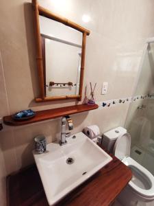 a bathroom with a sink and a mirror and a toilet at Casa Iluminalia in Abraão