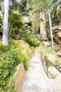 洛杉磯的住宿－Bel Air Luxury Villa，棕榈树花园的一条小径和围栏