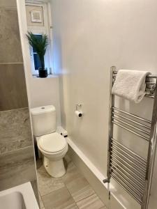 a bathroom with a toilet and a tub and a sink at 1 bed apartment in Zone 2, minutes from Oval tube. in London