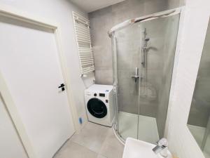 La salle de bains est pourvue d'une douche, de toilettes et d'un lavabo. dans l'établissement Golden Tobaco, à Łódź