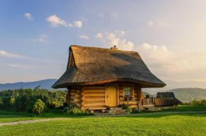 a log cabin with a thatched roof at Osada Beskidzka in Zawoja