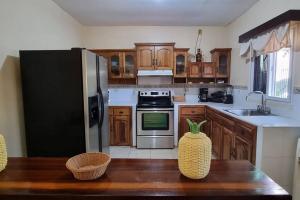 a kitchen with wooden cabinets and stainless steel appliances at Huellas en la arena Casa De Playa in Tela