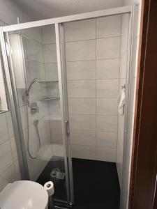 a bathroom with a shower and a toilet at Souterrainwohnung im Speckgürtel von Erfurt! in Großrudestedt