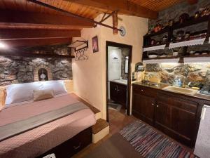 1 dormitorio con 1 cama y baño con lavamanos en Agoriani Art Studio - Sweet little cottage, en Lílaia
