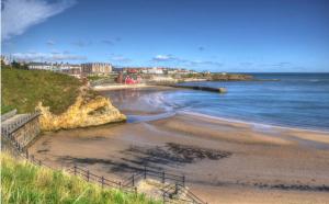 a view of a beach with the ocean and buildings at Cliff Haven, Sea View Holiday Home. in Cullercoats