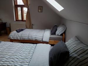 1 dormitorio con 2 camas y ventana en Patak Üdülőház (Ferienhaus) en Nagyvisnyó