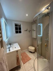 a bathroom with a shower and a sink at Maison familiale face à la mer in Regnéville-sur-Mer