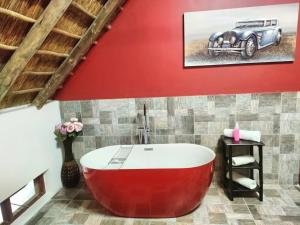 a red bath tub in a bathroom with a car on the wall at Lipizzaner Lodge in Kyalami
