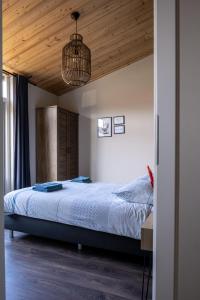 1 dormitorio con cama y lámpara de araña en @ geulle, en Guelle