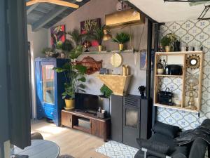 a living room filled with lots of potted plants at Casa Rural Alfoz, -Tiny house- con patio privado, barbacoa, wifi, netflix, Aire acondicionado in Velliza