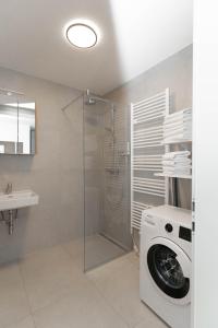 y baño con lavadora y lavamanos. en Luxurious apartment with big balcony near city center, en Viena