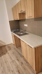 a kitchen with a sink and a counter top at Apartmány Javorník in Javorník