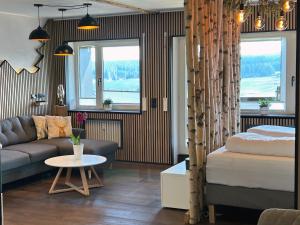 a living room with a bed and a couch at Apartment Fabelwald Black Forest in Schonach