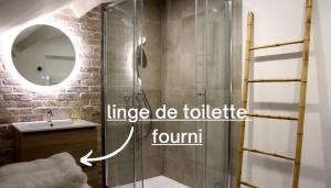 y baño con ducha, lavabo y espejo. en Le Circuit - Tout simplement: confort!, en Cosne-Cours-sur-Loire