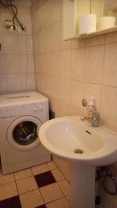 a bathroom with a sink and a washing machine at Efi Studio 4 Lamia in Lamía