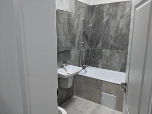 a bathroom with a sink and a tub and a toilet at Alina's Deluxe Apartment and free private parking in Dumbrăviţa