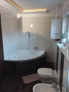 ein Badezimmer mit einer Badewanne, einem WC und einem Waschbecken in der Unterkunft Italia House in Fót