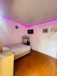 a bedroom with a bed and pink lights on the ceiling at Hostal Mónaco in San Miguel