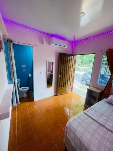 1 dormitorio con 1 cama y aseo en una habitación en Hostal Mónaco en San Miquel
