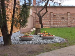 three stone planters in a yard with two trees at Alfa apartman in Sárvár