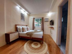 1 dormitorio con cama, ventana y alfombra en Villa Alessandra Homestay, en Moalboal