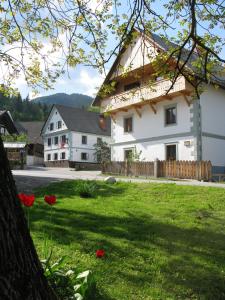 a white house with red flowers in the grass at Ana Antloga Apartments in Bled