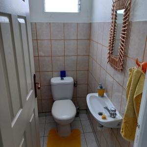 a bathroom with a toilet and a sink at L IXORA VOUS ACCEUILLE in Sainte-Luce
