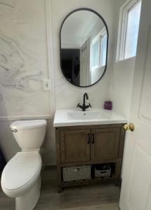 a bathroom with a toilet and a sink and a mirror at Purple Sage Motel in Panguitch