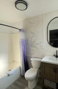 a bathroom with a toilet and a sink and a mirror at Purple Sage Motel in Panguitch