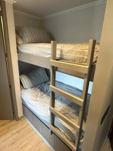 a bunk bed in a small room with a bunk bedscribed at Hermoso apartamento con piscina cercano al centro in Pucón