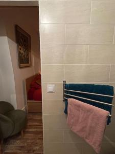 ein Bad mit einem Handtuchhalter und einem Bett in der Unterkunft Logement confortable haut de gamme ~ Paris/Vanves in Vanves
