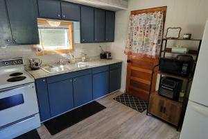 a kitchen with blue cabinets and a sink and a stove at Newly renovated home with WIFI and ROKU TV in Brimley