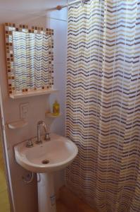 a bathroom with a sink and a shower curtain at Complejo de Cabañas Valentino in Embalse