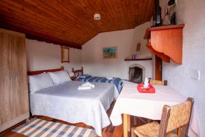 a bedroom with two beds and a fireplace at Pousada Flores da Serra in Monte Verde