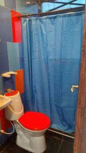 a bathroom with a toilet with a blue shower curtain at Posada N Seaflower Lodge 2 in San Andrés