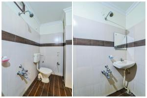 Khammam的住宿－OYO Surya Teja Residency，浴室的两张照片,配有卫生间和水槽