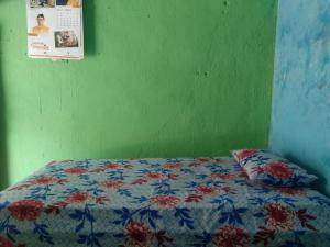 1 cama con edredón azul y pared verde en Bhatt Homestay, en Uttarkāshi