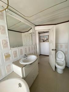 La salle de bains blanche est pourvue de toilettes et d'un lavabo. dans l'établissement Puruha Inn, à Riobamba