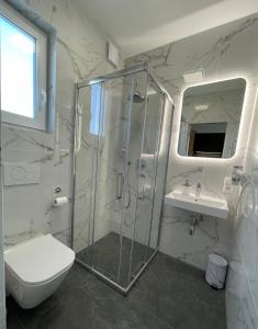 ein Bad mit einer Dusche, einem WC und einem Waschbecken in der Unterkunft Apartament BALTIC 1 in Jastrzębia Góra